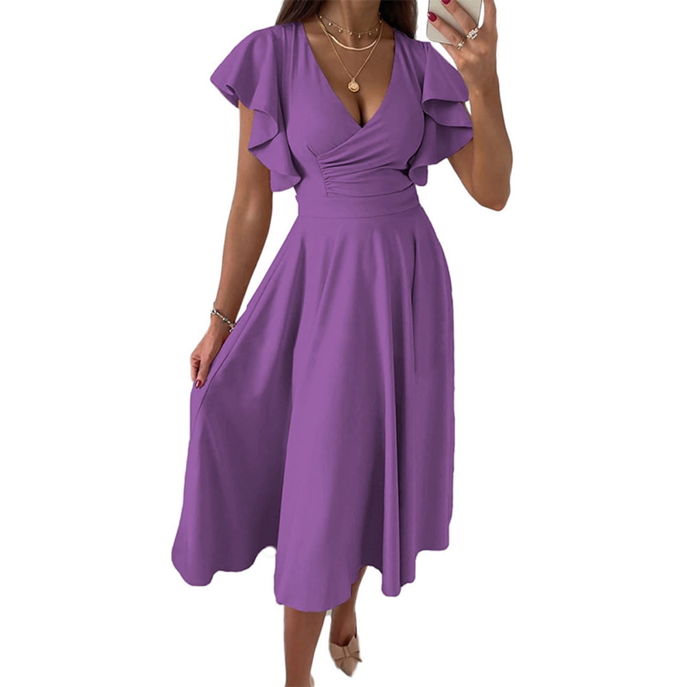 thumbnail image 1 of Fjuchai Women's Chiffon Dresses Short Sleeve V Neck Casual Ruffle Swing Dress S-XXL, 1 of 9