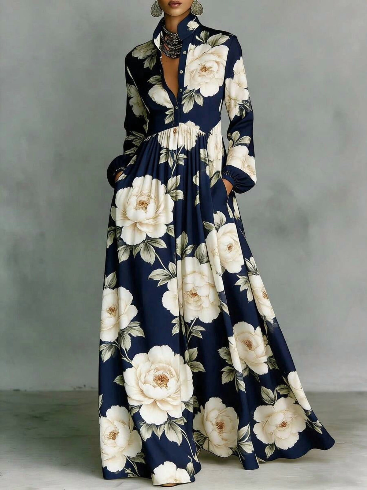 thumbnail image 1 of Floral Print Long Sleeve Shirt Dress With Collar Pockets And A-Line Skirt, 1 of 23