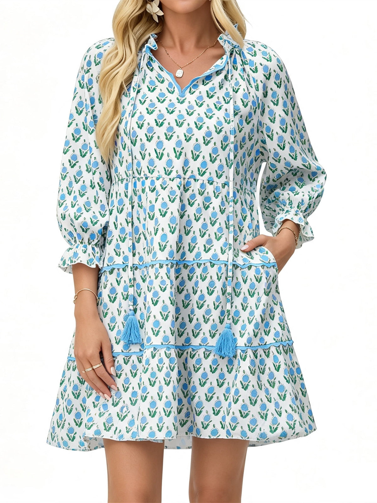 thumbnail image 1 of Floral Print Loose Long Sleeved Women V-neck Ruffle Tassel Mini Dress, 1 of 7