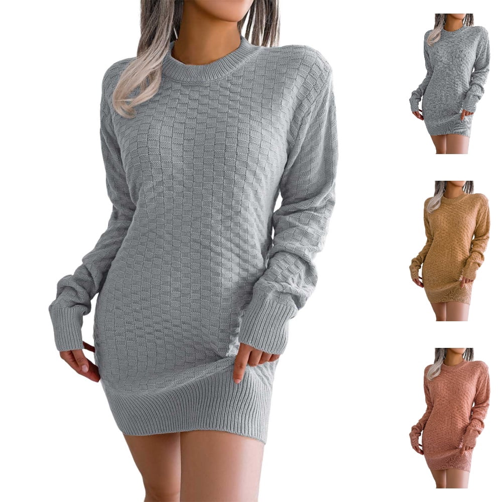 thumbnail image 1 of GPOECD Womens Sweater Dresses for Fall Knit Mini Long Sleeve Crewneck Solid Color Plaid Loose Casual Comfy Basic Sweater Dress for Women Winter, 1 of 6