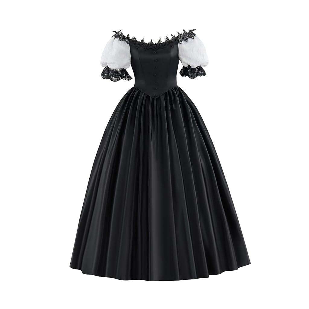thumbnail image 1 of Gothic Victorian Ball Gown - Satin Fabric, Off Shoulder Lace Trim & White Puff Sleeves for Themed Gatherings, 1 of 7