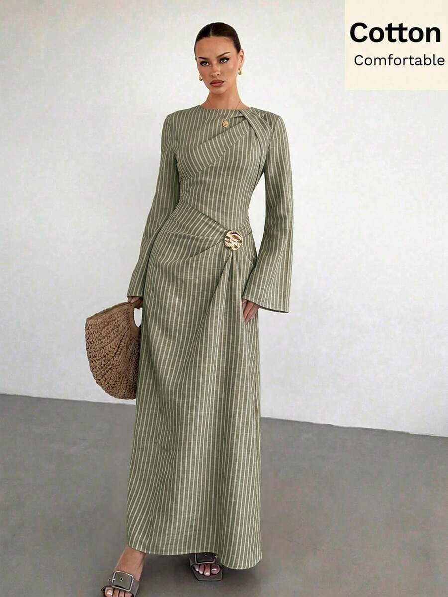 thumbnail image 1 of Green Striped Cotton Maxi Dress with Elegant Belt Detail, 1 of 4