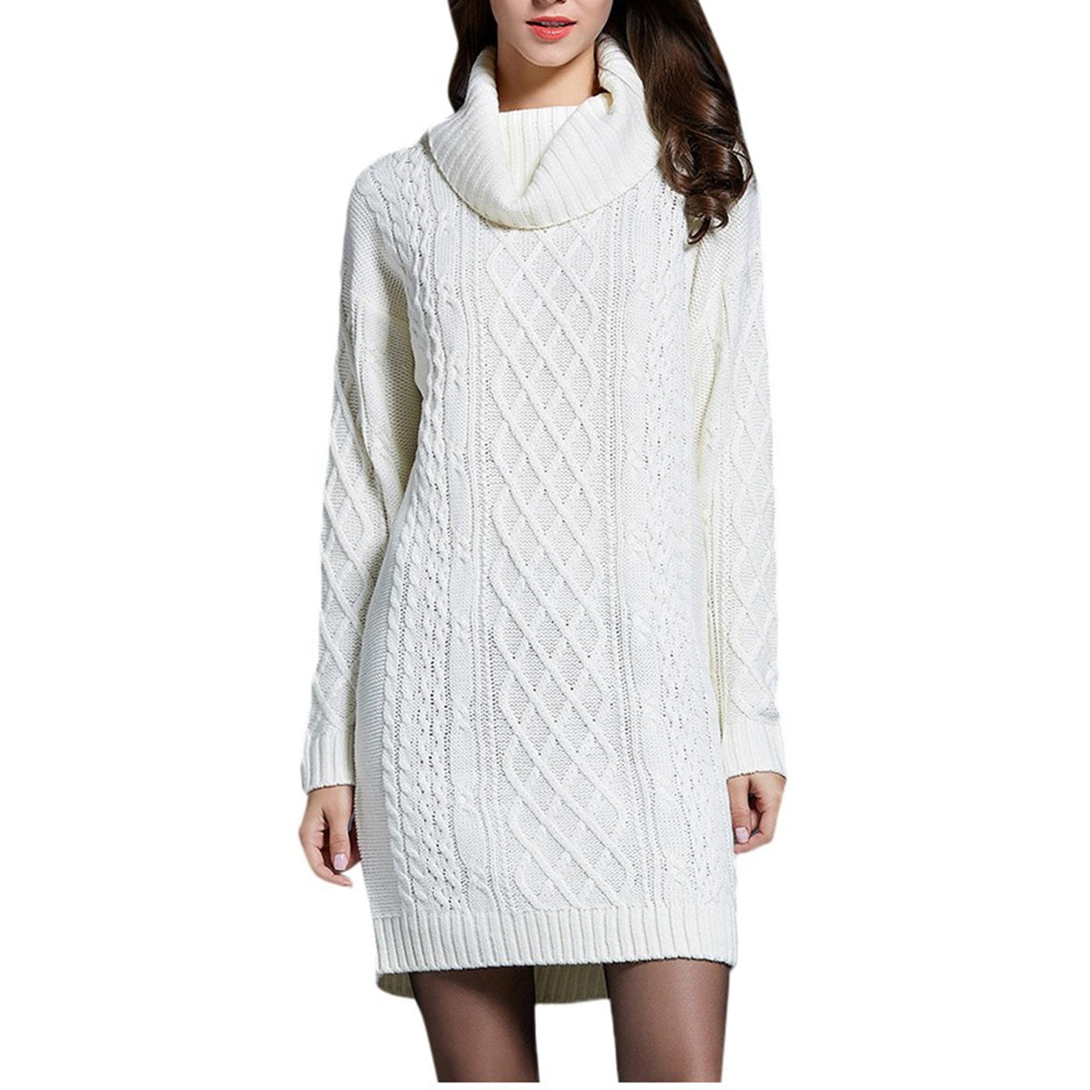 thumbnail image 1 of Hfyihgf Women Turtleneck Cable Knit Sweater Dress Casual Winter Warm Loose Long Sleeve Mini Pullover Dresses White L, 1 of 5