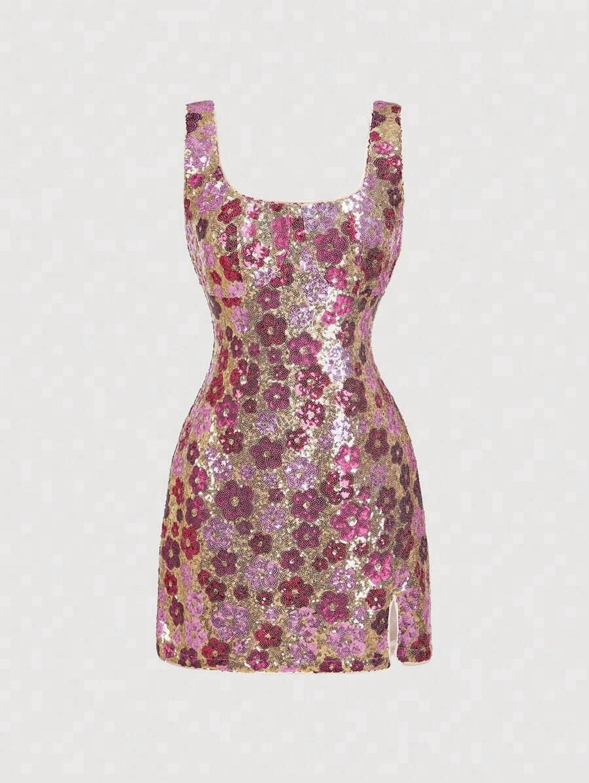thumbnail image 1 of Hot Pink Floral Sequin Bodycon Mini Dress With Side Slit, 1 of 8
