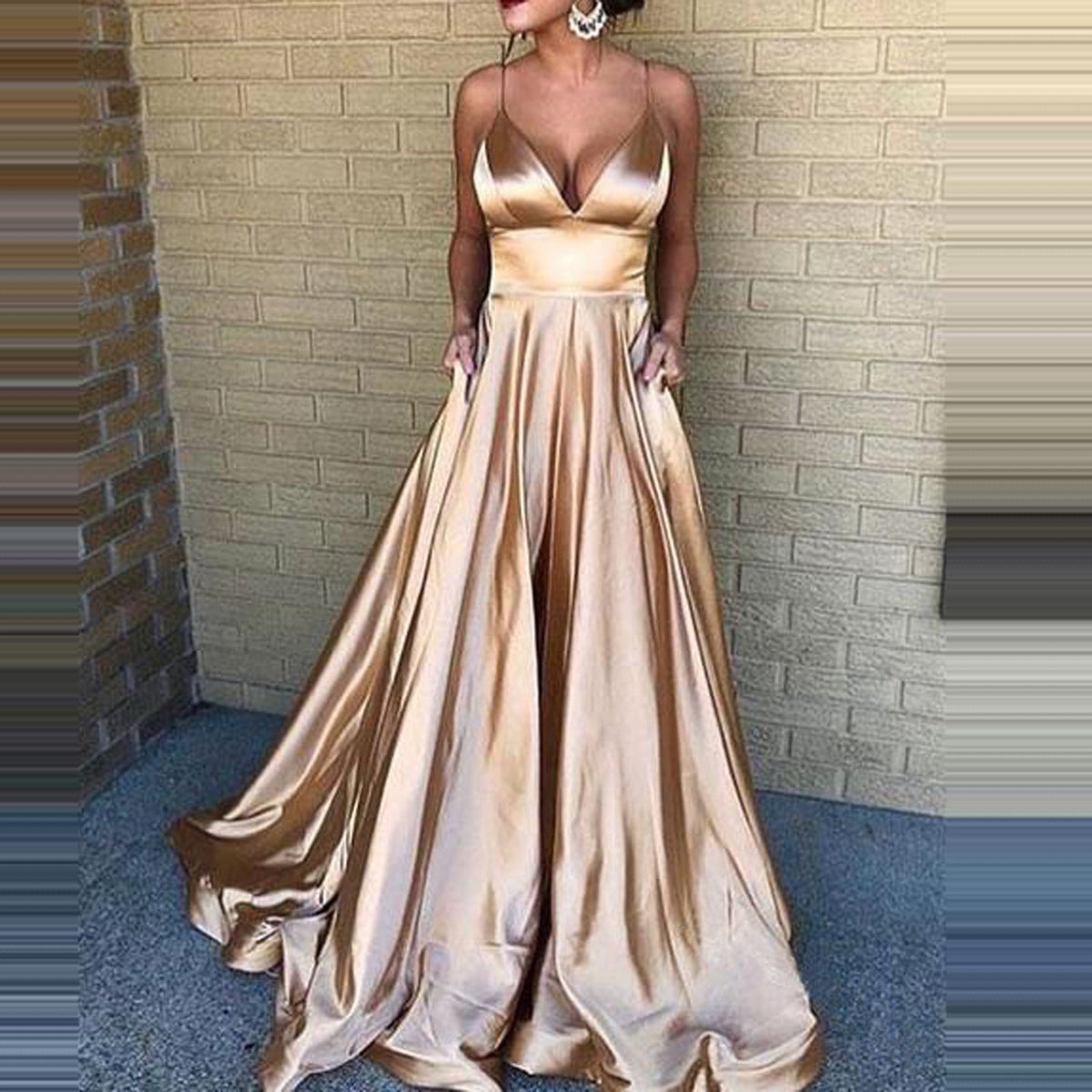 thumbnail image 1 of IDALL Wedding Guest Dresses,Prom Dresses Women's Fashion Solid Color Sexy V-Neck Suspender Sleeveless Evening Dress Maxi Dresses,Formal Dresses,Graduation Dress Gold Dress L, 1 of 4