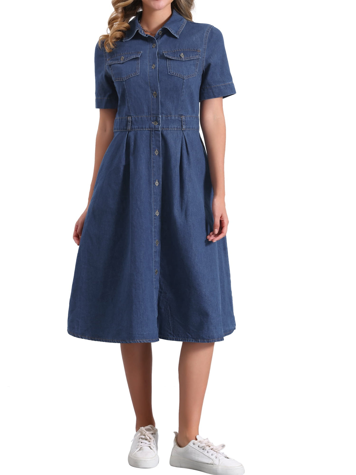 thumbnail image 1 of INSPIRE CHIC Women's Denim Dress Short Sleeves Turndown Collar A-Line Button Up Jean Midi Dresses S Dark Blue, 1 of 6
