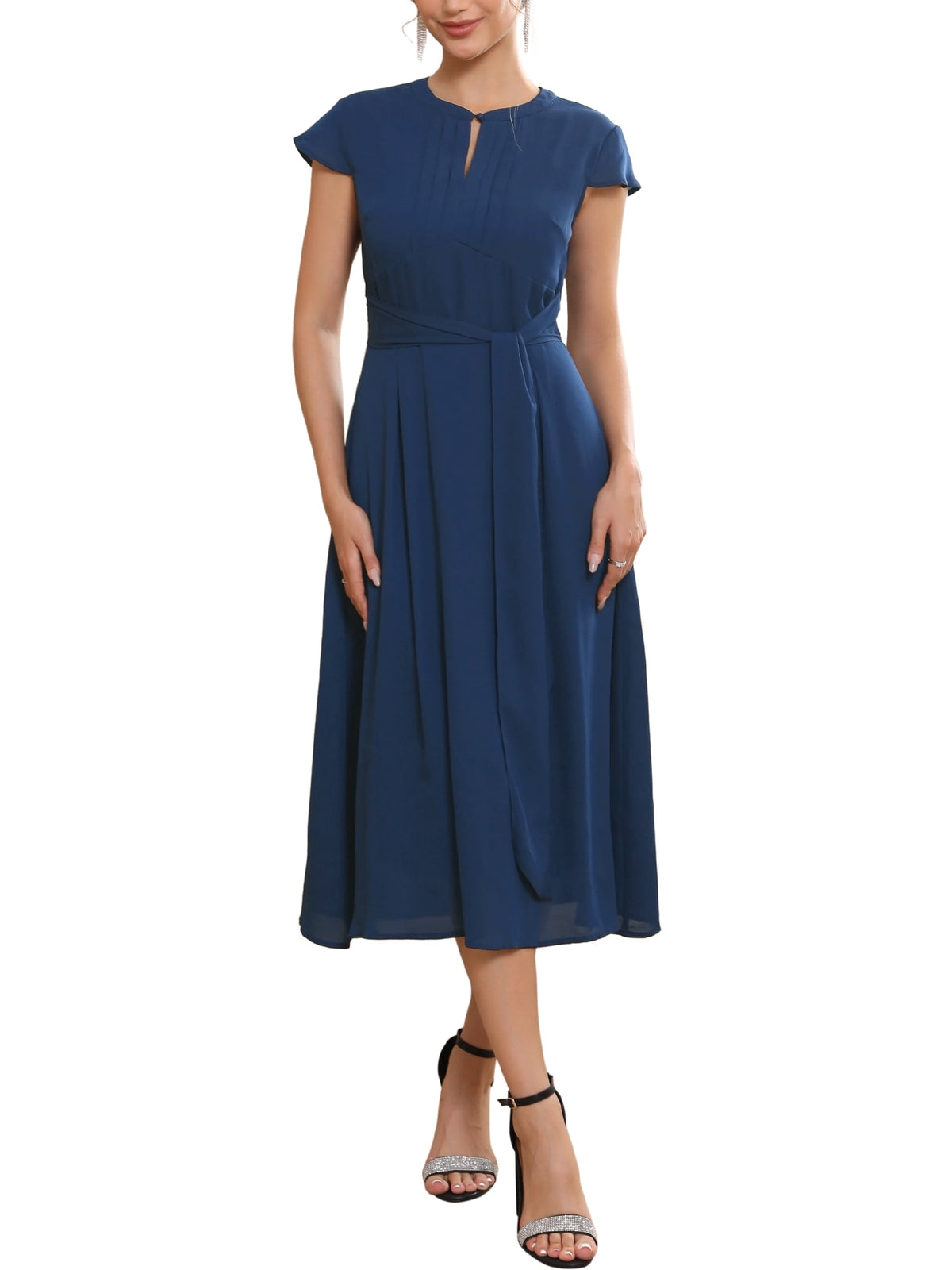 thumbnail image 1 of INSPIRE CHIC Women's Chiffon Cocktail Dress Cap Sleeve Tie Waist Formal Wedding Guest Dresses S Dark Blue, 1 of 5