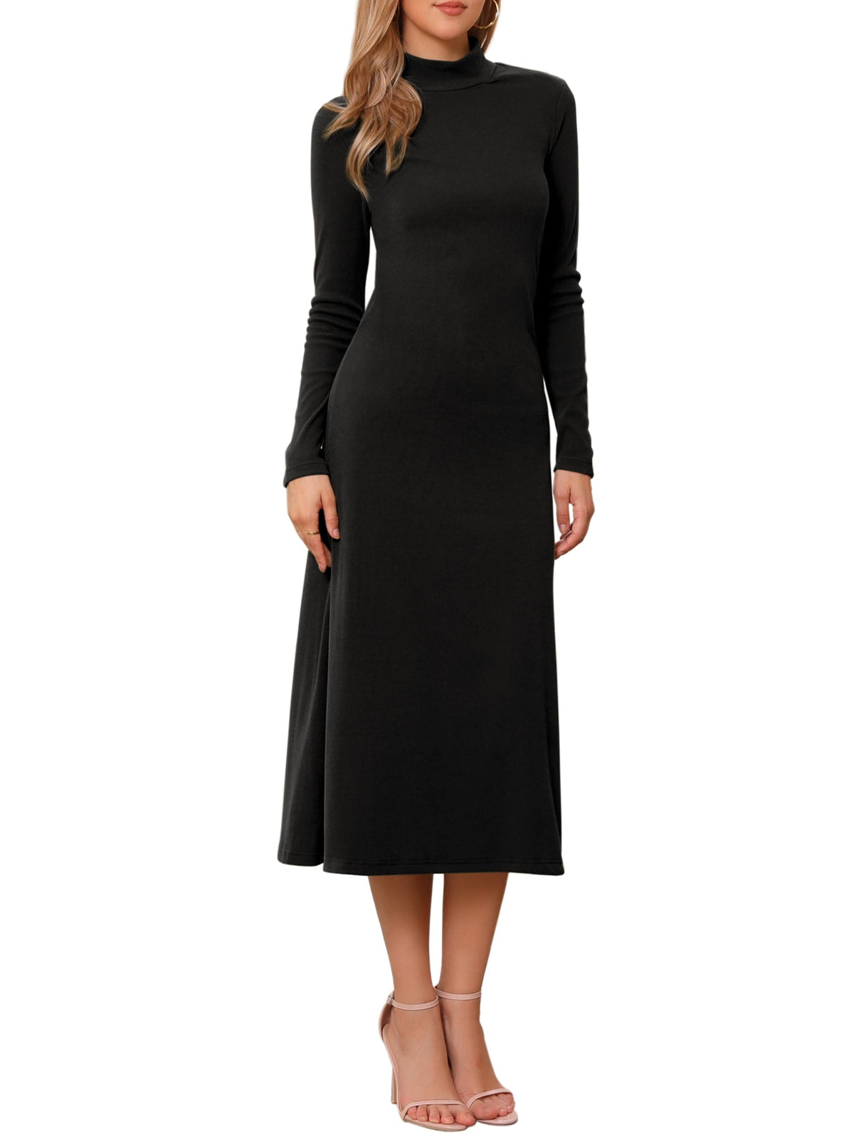 thumbnail image 1 of INSPIRE CHIC Women's Dress Sweater Turtleneck Long Sleeve Stretch Flowy Ribbed Knit Maxi Dress XS Black, 1 of 6