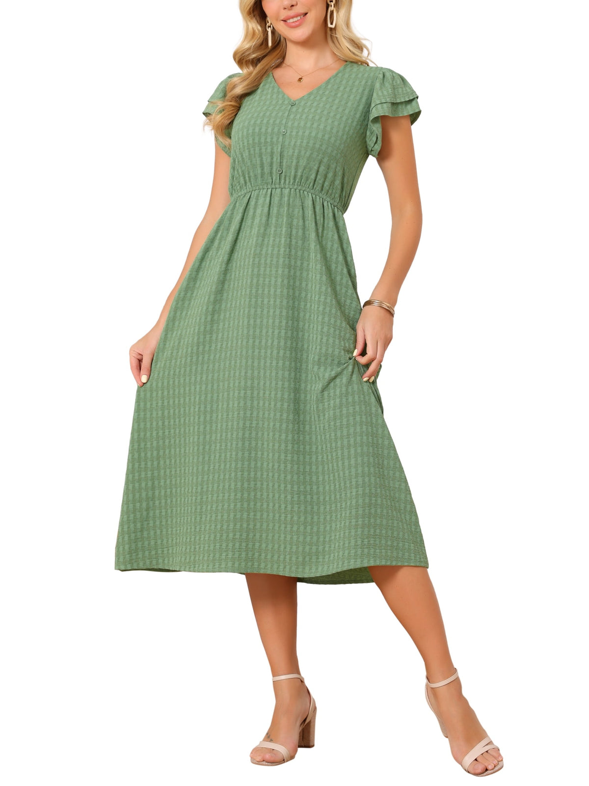 thumbnail image 1 of INSPIRE CHIC Women's Summer Dresses 2026 Ruffle Short Sleeve V Neck Button Flowy A-Line Midi Dress with Pockets M Green, 1 of 6