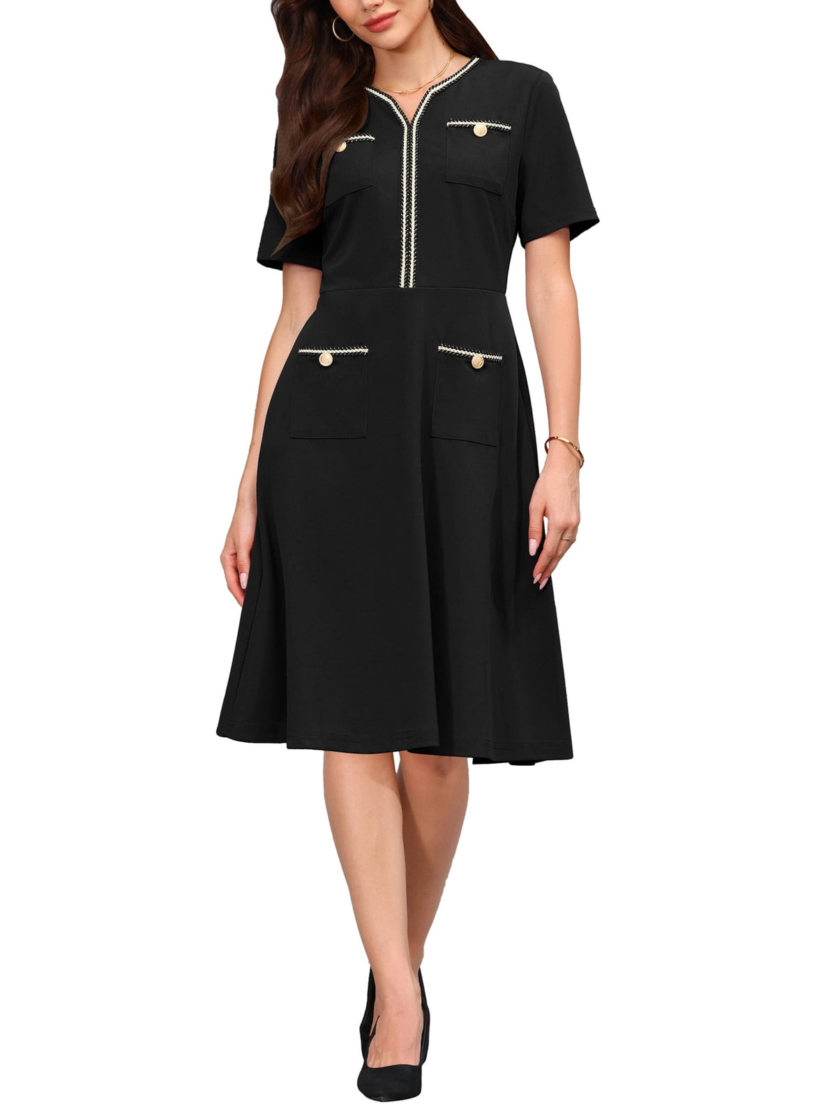 thumbnail image 1 of INSPIRE CHIC Women's Tweed Trim Dress with Pockets V Neck Short Sleeve A-Line Dress S Black, 1 of 5