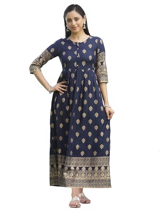 thumbnail image 1 of Juniper Indigo Festive Ethnic Motif Printed Rayon Maxi Dress, 1 of 5