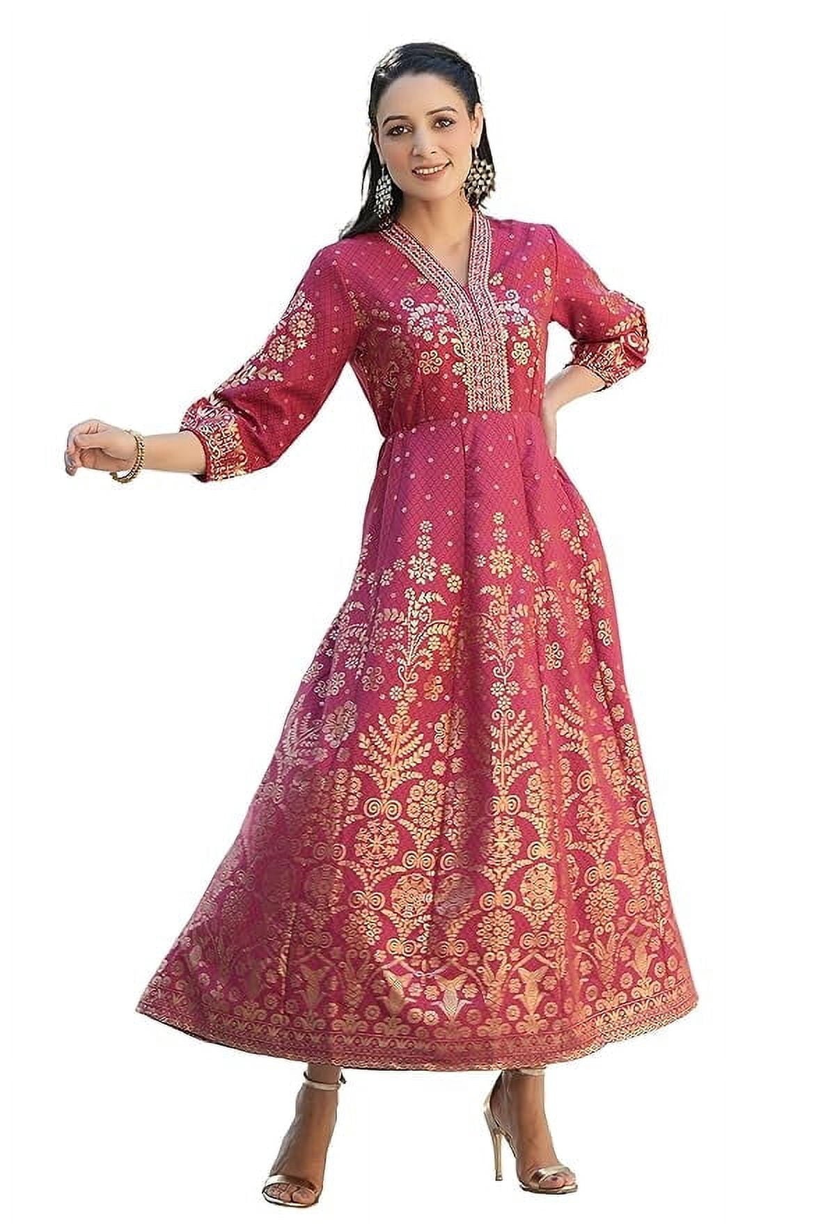 thumbnail image 1 of Juniper Maroon Ethnic Motif Printed Rayon Anarkali Dress, 1 of 2