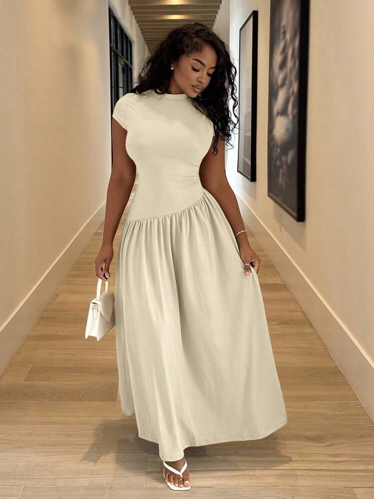 thumbnail image 1 of Khaki Cream Asymmetrical A Line Midi Dress With Stand Collar And Cinch, 1 of 6