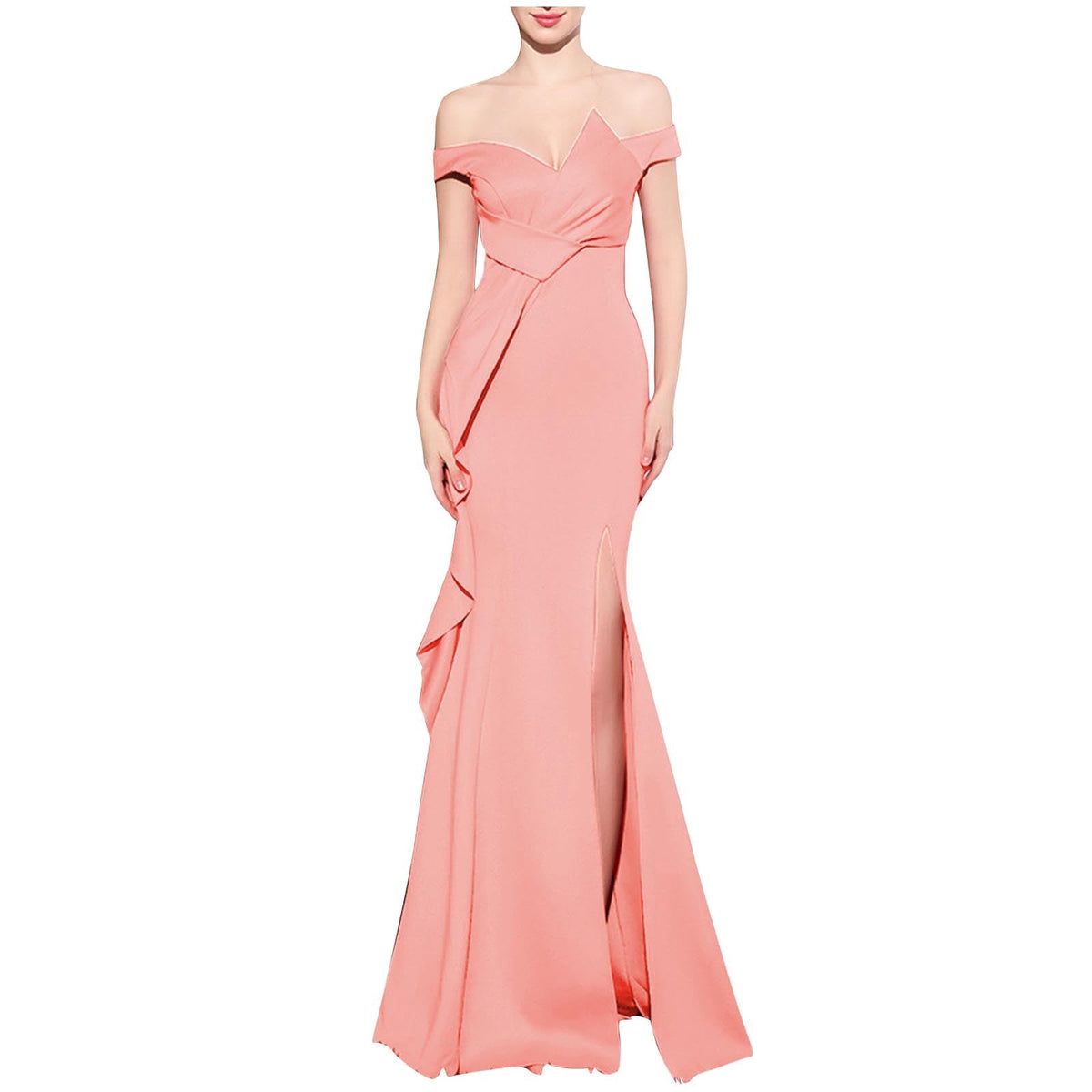 thumbnail image 1 of Kilaqueen Wedding Guest Dresses for Women Off The Shoulder Corset Ruched Bodycon V Neck Maxi Long Dress for Elegant Evening Party Gown, 1 of 4