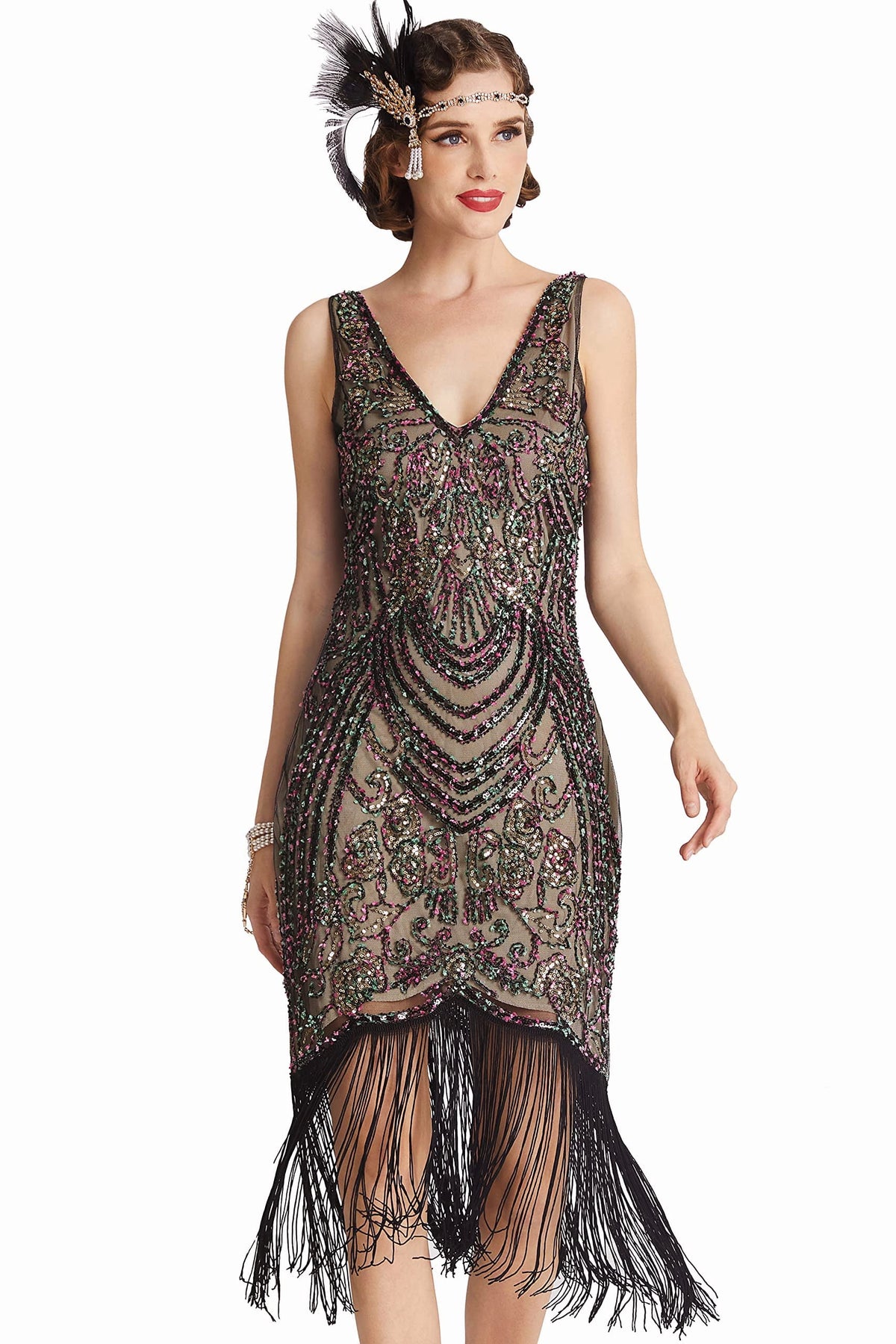 thumbnail image 1 of Konexial Flapper Dresses 1920s V Neck Beaded Fringed Great Gatsby Dress | Colorful Pom-Pom Design, Deep V-Neck & Fitted Silhouette, Breathable Polyester Fabric, for Themed Occasions, 1 of 6