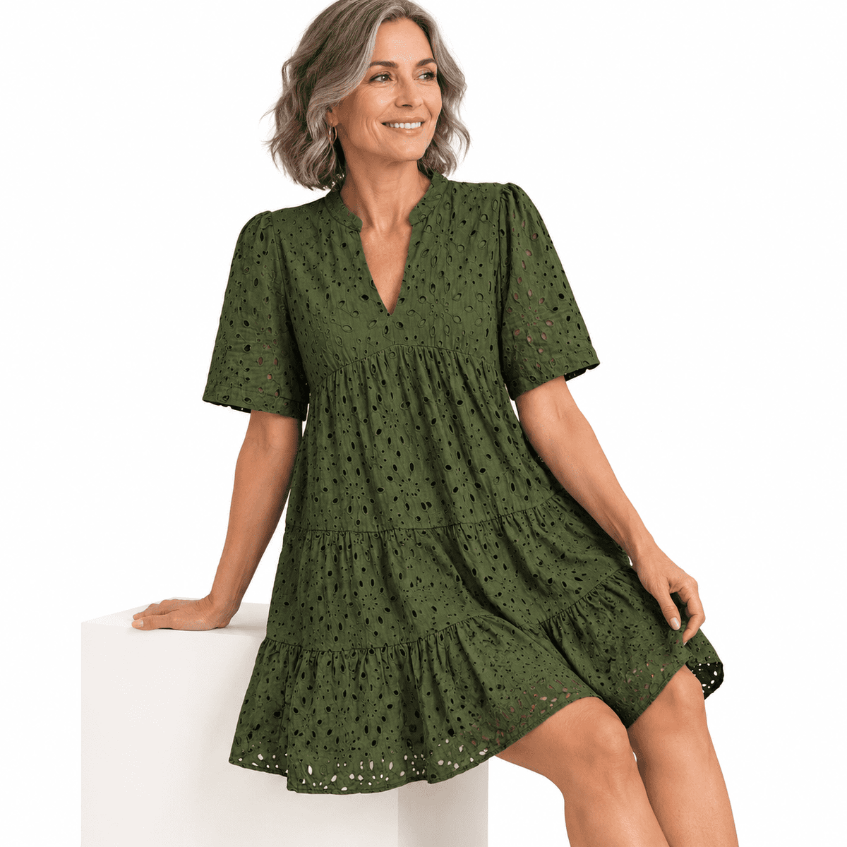 thumbnail image 1 of Lace Hollow Out Eyelet Mini Boho Summer Dress for Women, Army Green, Small, 1 of 8
