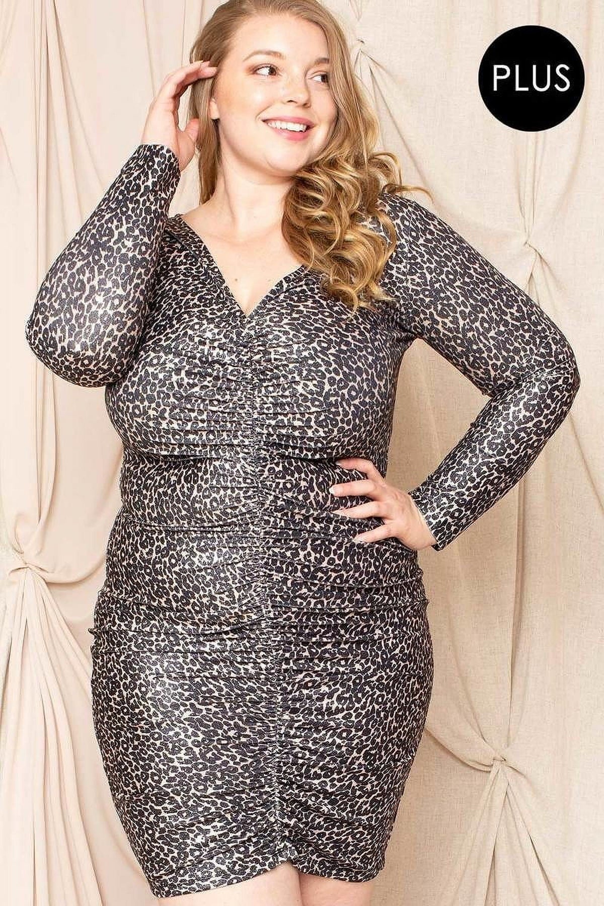 thumbnail image 1 of Leopard Print Shirring Plus Size Mini Dress 2XL, 1 of 4