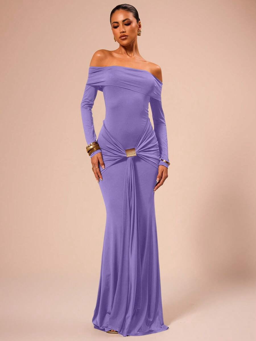 thumbnail image 1 of Lilac Purple Off Shoulder Long Sleeve Maxi Dress Ruched Waist Evening Gown, 1 of 30