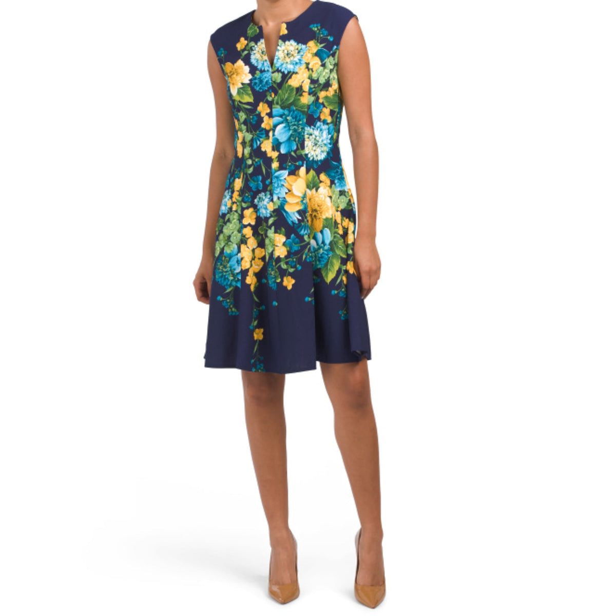 thumbnail image 1 of London Times Women's Floral Print Split Neck Fit & Flare Mini Dress-Navy / 8, 1 of 6