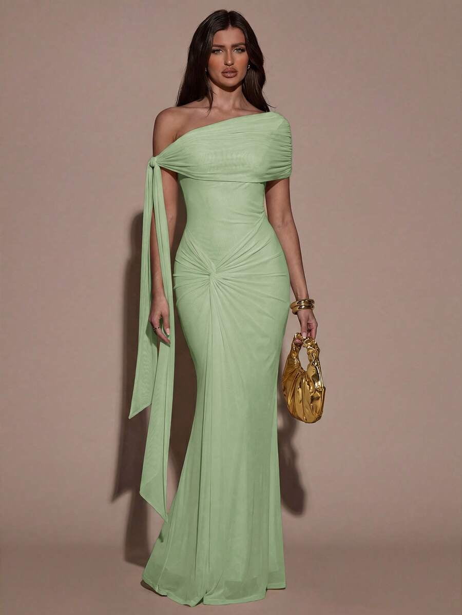 thumbnail image 1 of Mint Green One Shoulder Ruched Bodycon Maxi Dress For Evening Party, 1 of 30