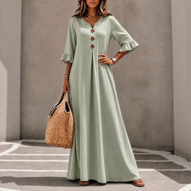 thumbnail image 1 of Morttic Women's 3/4 Ruffle Mid Sleeve Solid Color Maxi Dress – V-Neck Button Front Loose Vacation Long Dress with Pockets Matcha Green，S, 1 of 2