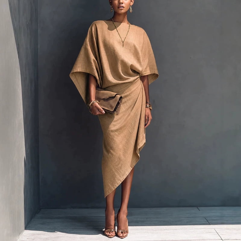 thumbnail image 1 of Morttic Women's Batwing Sleeve Solid Color Crew Neck Ruched Waist Irregular Hem Formal Midi Dress Chic for Vacation Party Khaki，S, 1 of 4