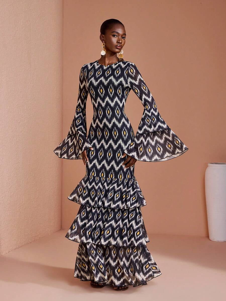 thumbnail image 1 of Multicolor Boho Chic Tiered Maxi Dress with Geometric Print, Flared Bell, 1 of 8