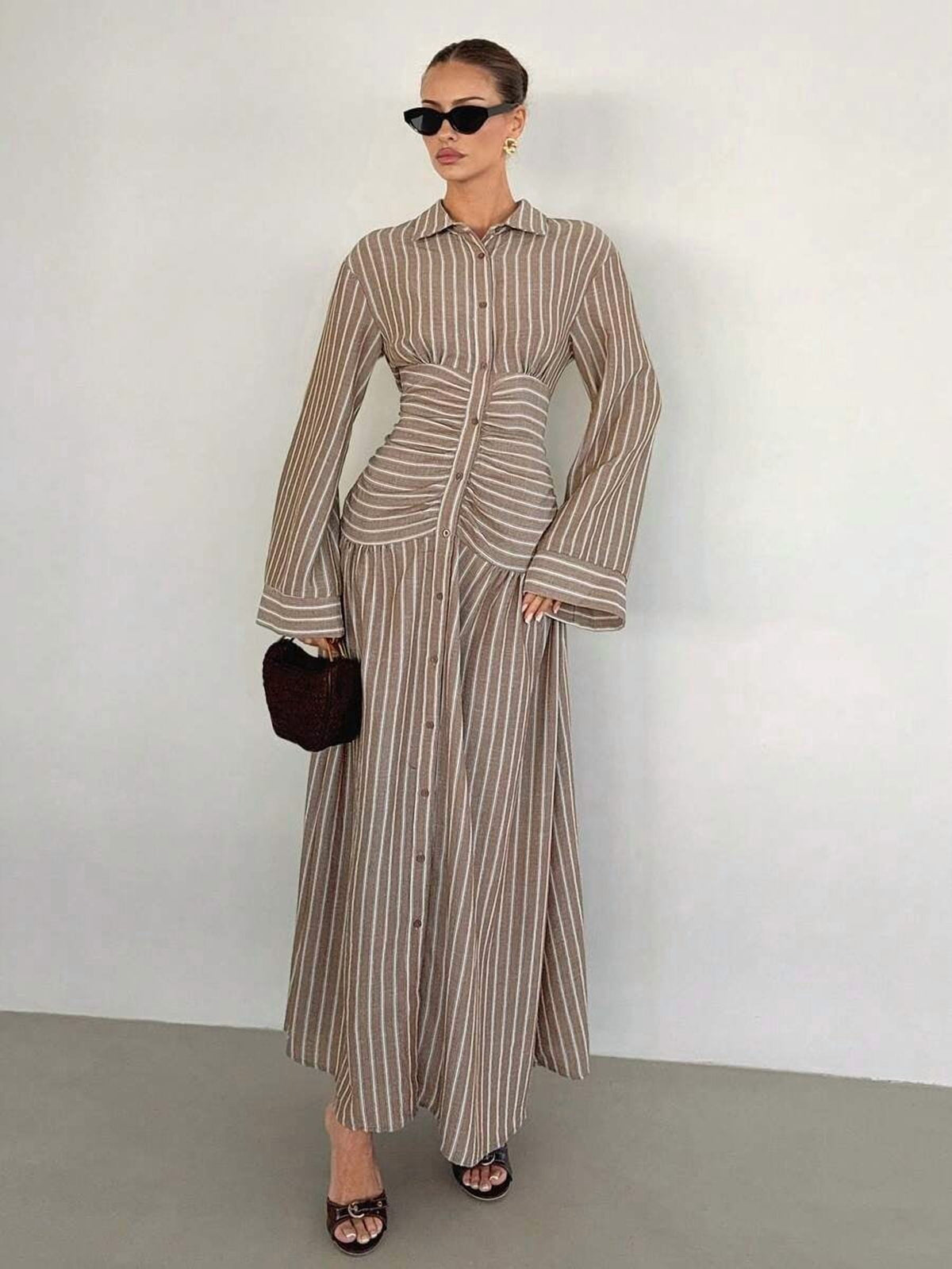 thumbnail image 1 of Multicolor Womens Striped Ruched Waist Long Sleeve Button Front Long Dress, 1 of 5