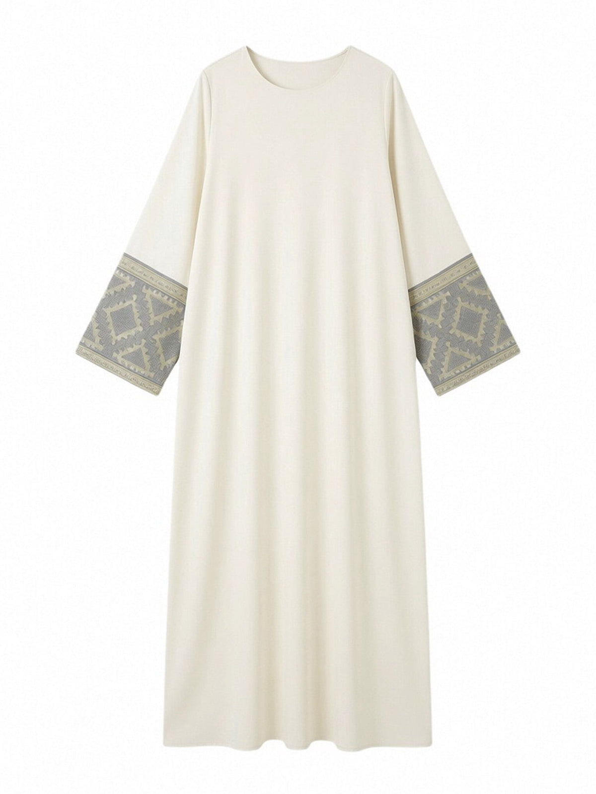 thumbnail image 1 of Muslim Women's Ivory Abaya Round Neck Maxi Dress with Geometric Embroidered Sleeves for Ramadan Eid Festival and Formal Occasions, 1 of 7
