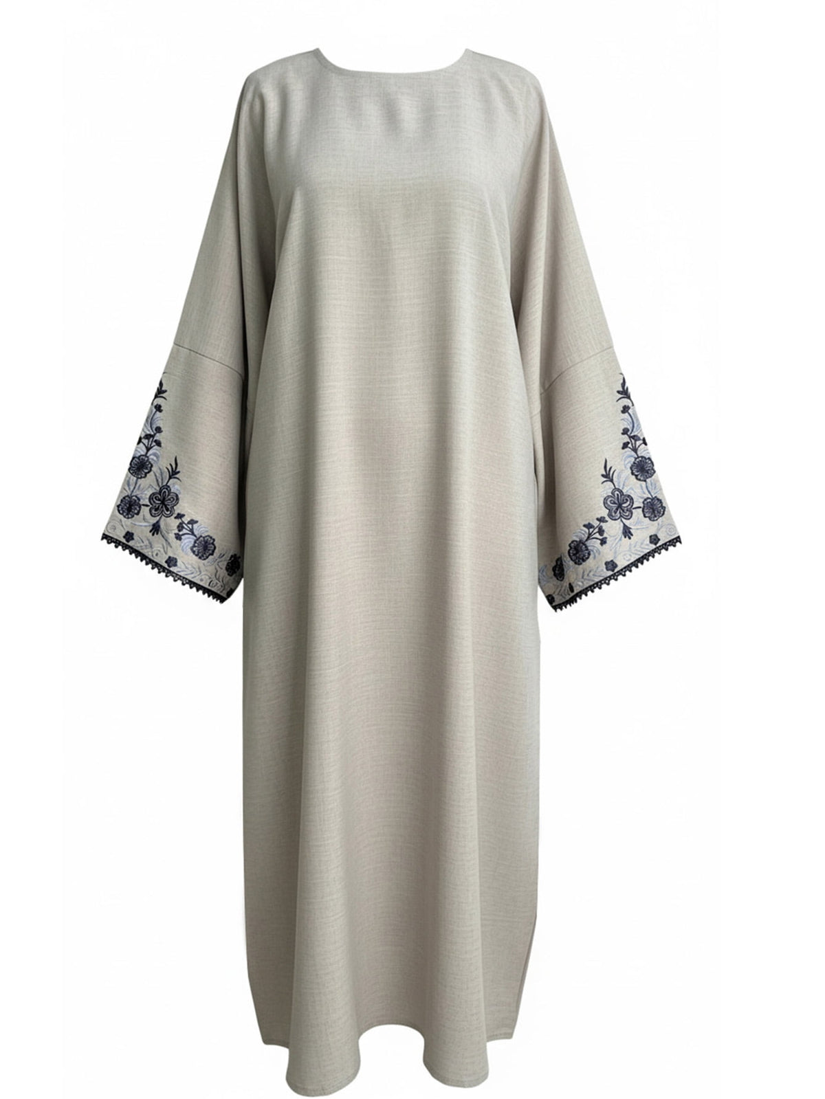 thumbnail image 1 of Muslim Women's Round Neck Grey Closed Abaya Maxi Dress with Navy Floral Lace Embroidered Sleeves for Festival Gathering and Daily Wear, 1 of 8
