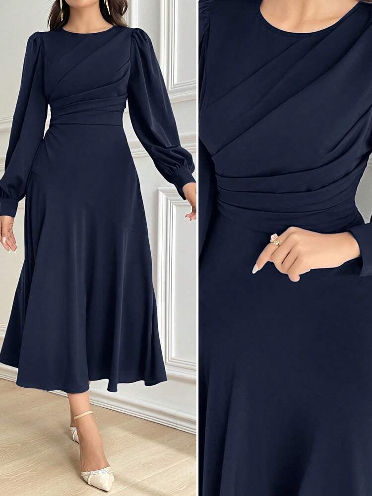 thumbnail image 1 of Navy Blue Long Sleeve Midi Dress with Gathered Waist, 1 of 7