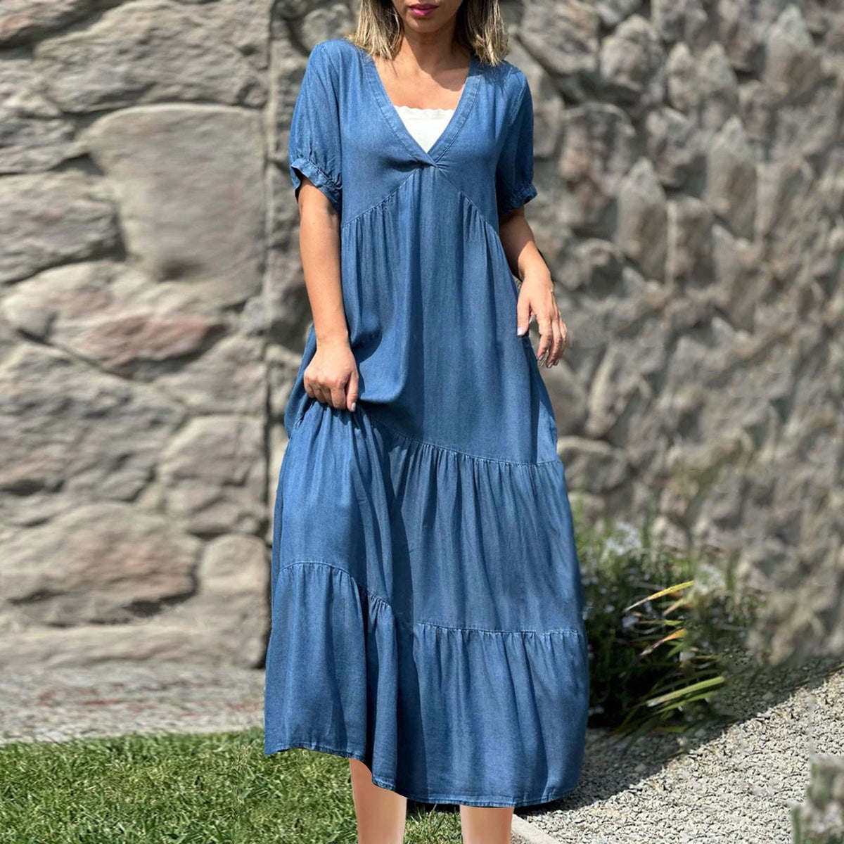 thumbnail image 1 of OSFVNOXV Denim Look Dress for Women Plus Size Summer Boho Loose Tiered Maxi Dress Casual V-Neck Flowy A-Line Tunic Shirt Dress,S-5XL, 1 of 6
