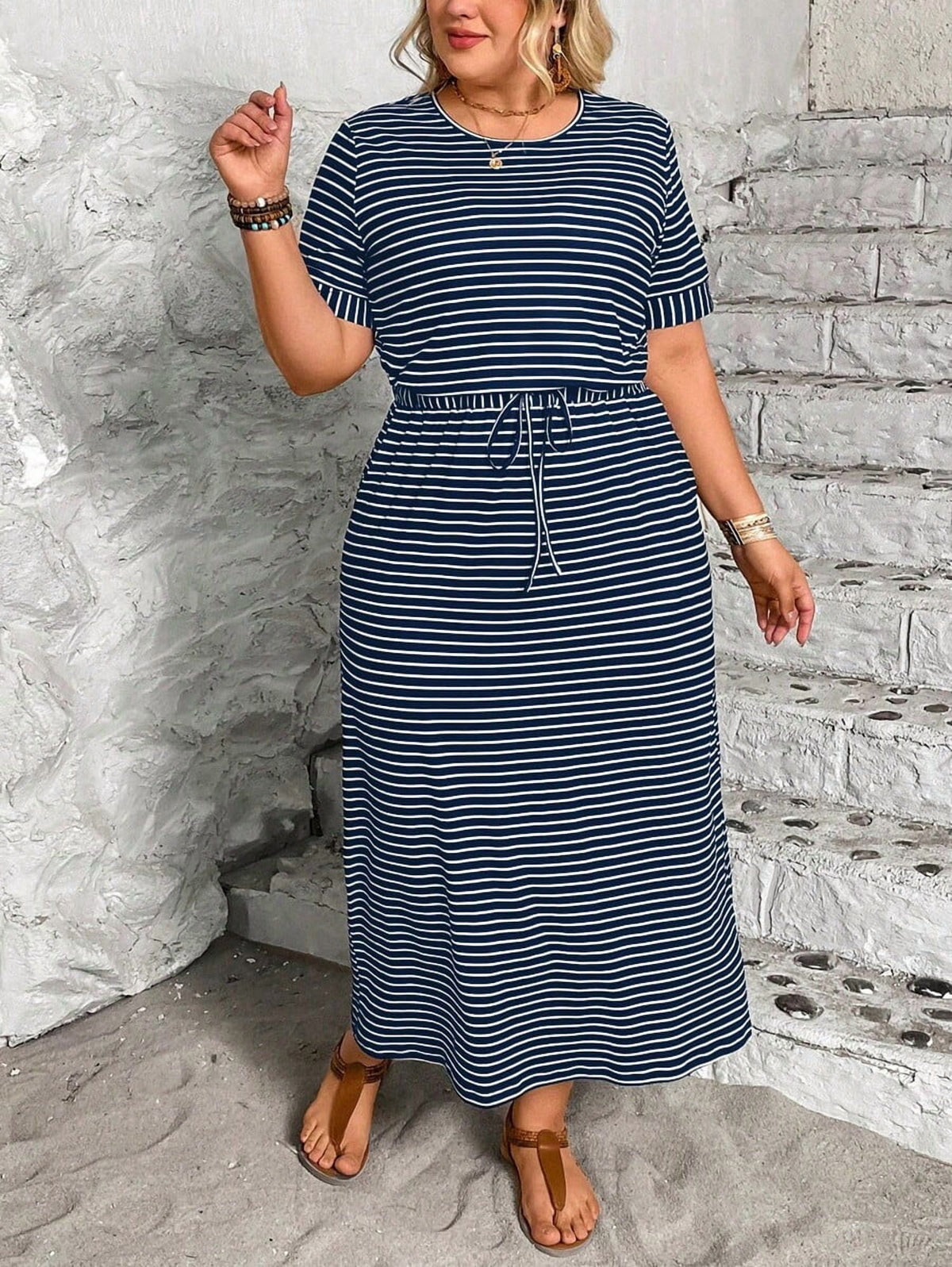 thumbnail image 1 of Plus Size Blue White Striped Casual Summer Maxi Dress With Drawstring Waist, 1 of 5