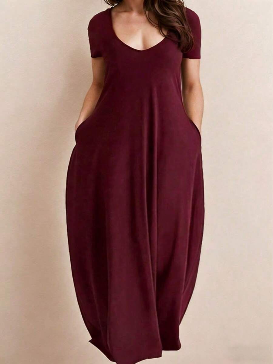 thumbnail image 1 of Plus Size Burgundy V-Neck Short Sleeve Maxi Dress With Pockets, 1 of 4