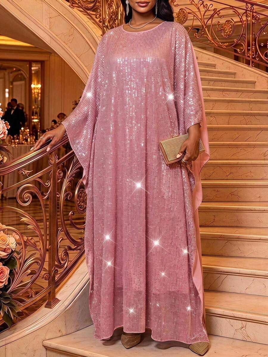 thumbnail image 1 of Plus Size Elegant Coral Pink Sequin Mesh Batwing Sleeve Loose Caftan, 1 of 7