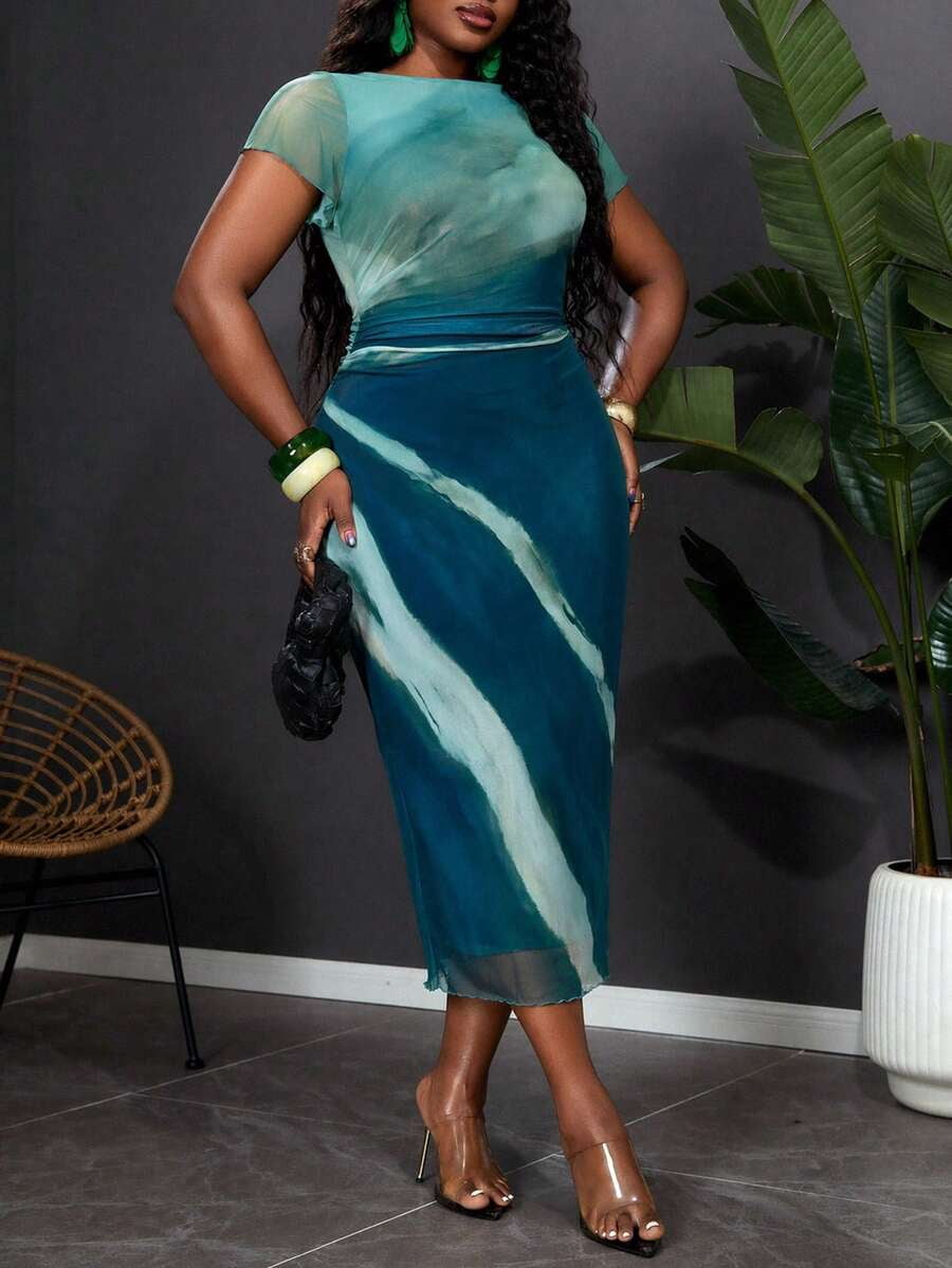 thumbnail image 1 of Plus Size Green Tie-Dye Print Short Sleeve Wrap Midi Dress, 1 of 10