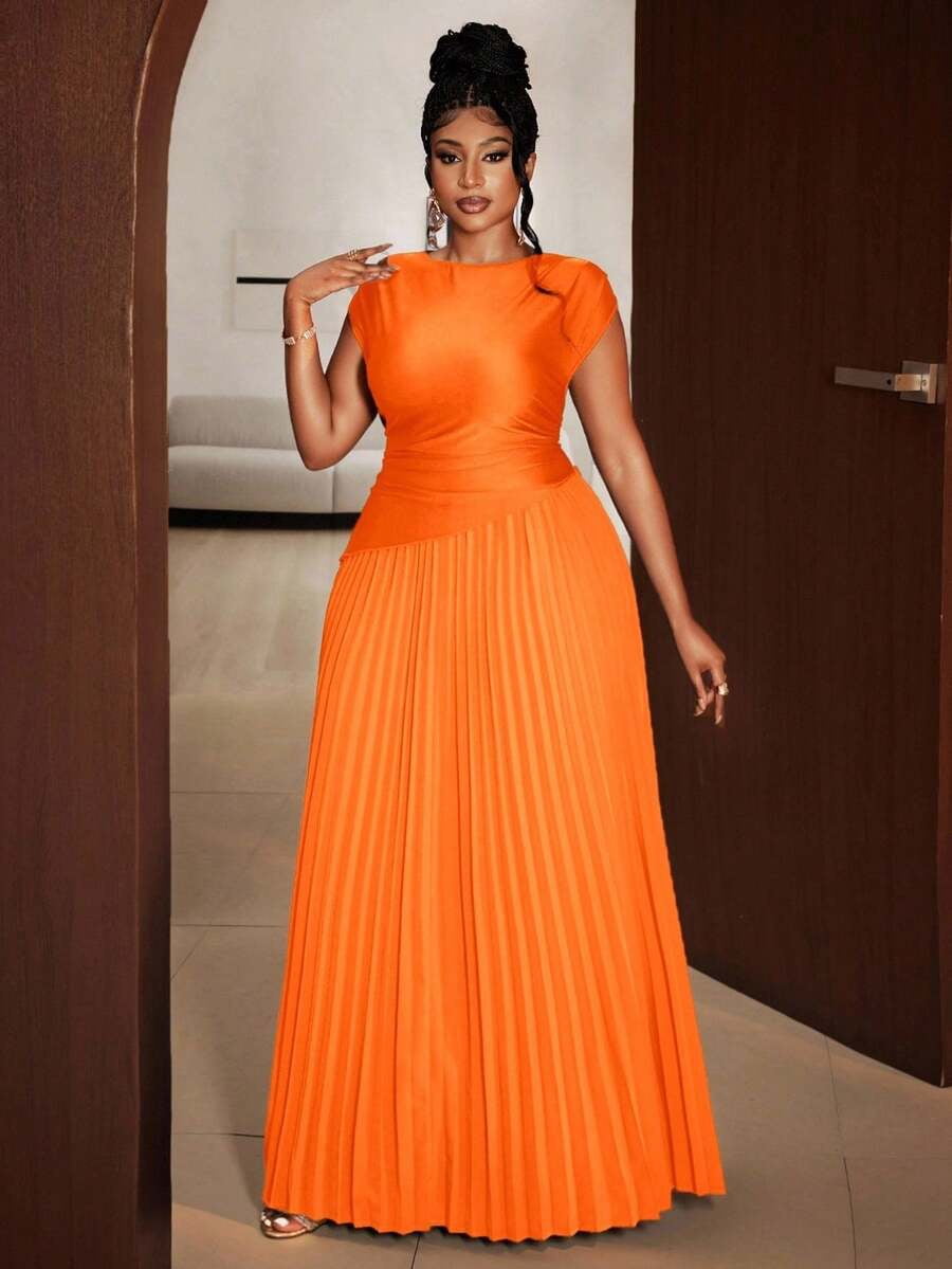 thumbnail image 1 of Plus Size Orange Pleated Maxi Dress Round Neck Cap Sleeve Formal Gown, 1 of 6