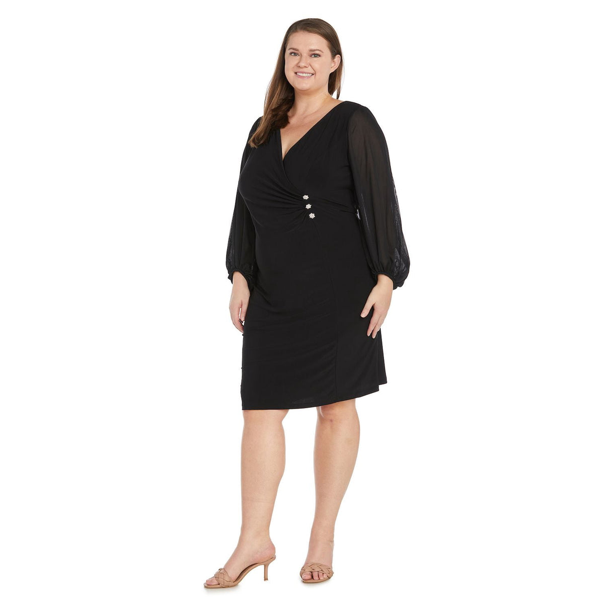 thumbnail image 1 of Plus Size R&M Richards Blouson Sleeve Surplice Wrap Dress With Rhinestone Button Detail Color: Black Size: 14 W, 1 of 4
