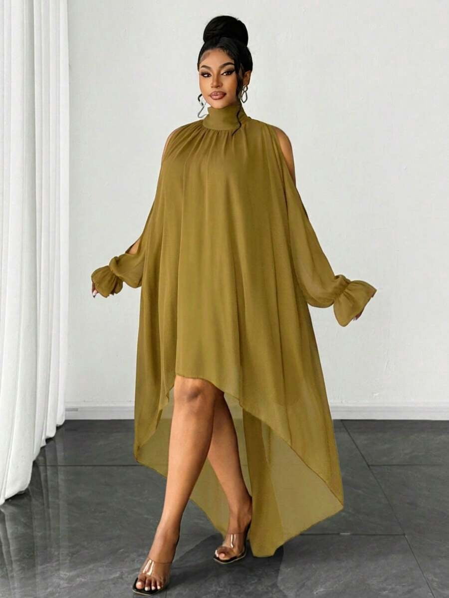 thumbnail image 1 of Plus Size Solid Mustard Yellow Asymmetric Hem Elegant Mandarin Collar Cold, 1 of 4