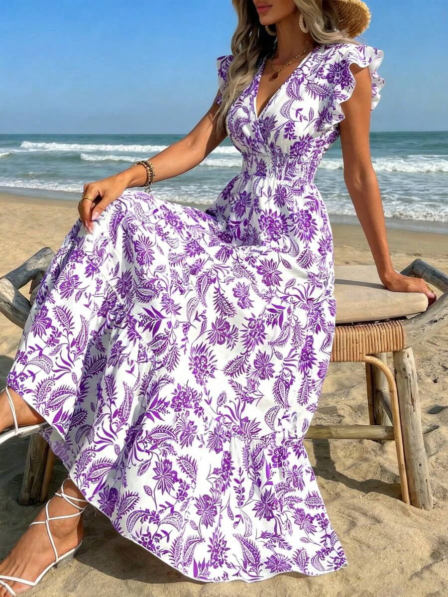 thumbnail image 1 of Purple Floral Print Butterfly Sleeve Ruffle Hem Maxi Dress For Vacation, 1 of 18