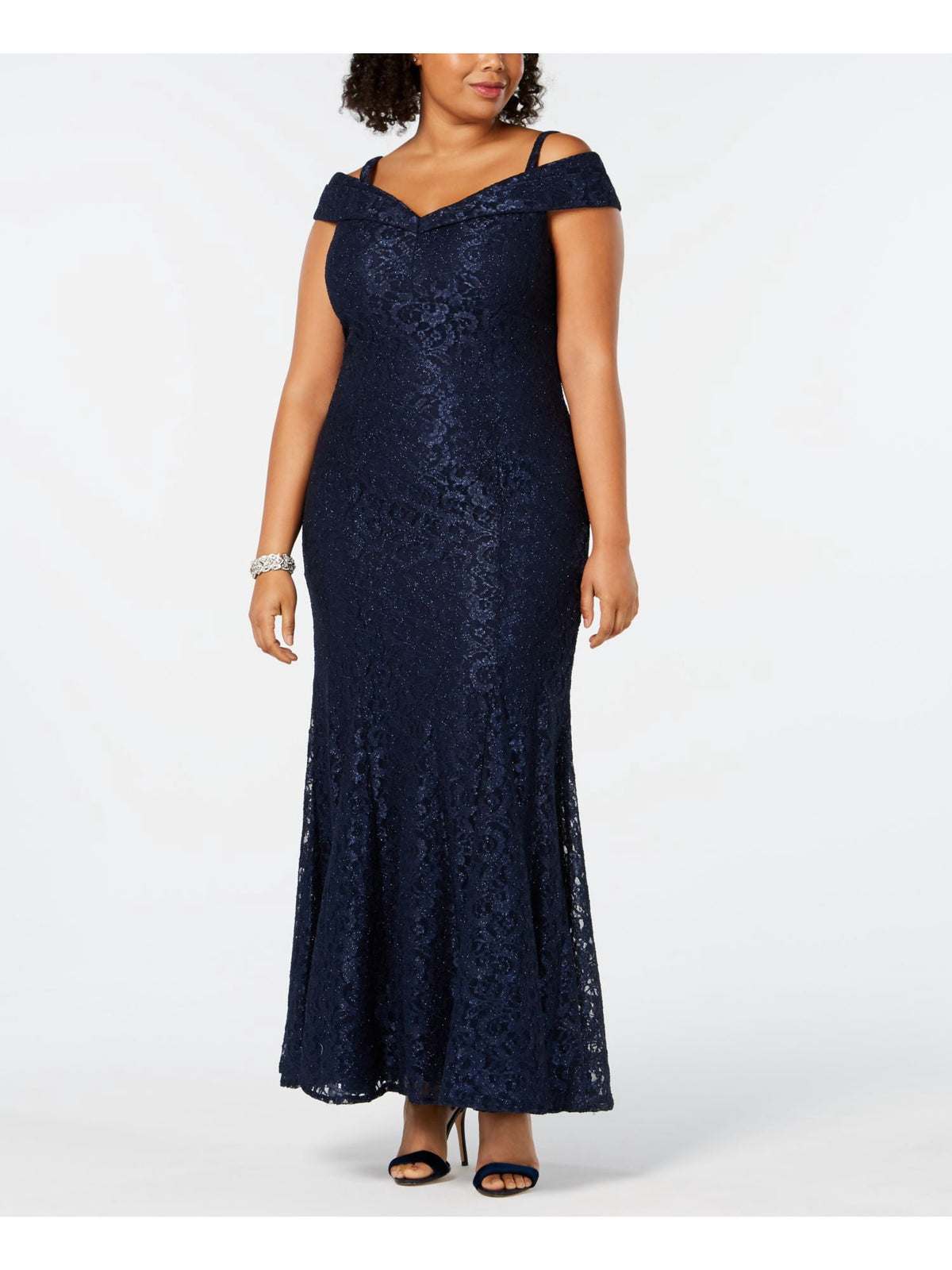 thumbnail image 1 of R&M RICHARDS Womens Navy Lace Glitter Floral Sleeveless Off Shoulder Full-Length Evening Pleated Dress Plus 20W, 1 of 2