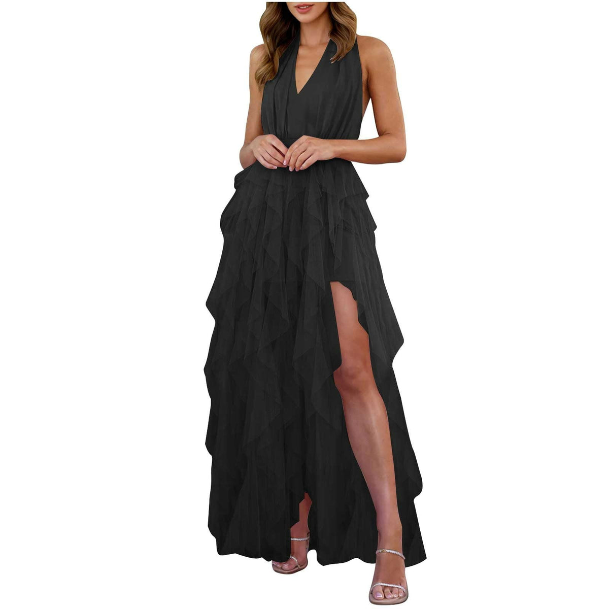 thumbnail image 1 of RYRJJ Tiered Tulle Prom Dress for Women Elegant Evening Maxi Dresses Halter V-Neck Formal Party Ball Gowns with Slit(Black,S), 1 of 9