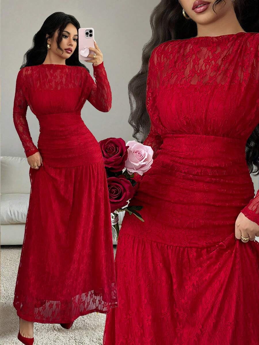 thumbnail image 1 of Red Lace Ruched Long Sleeve Bodycon Maxi Dress For Evening Or Party, 1 of 30
