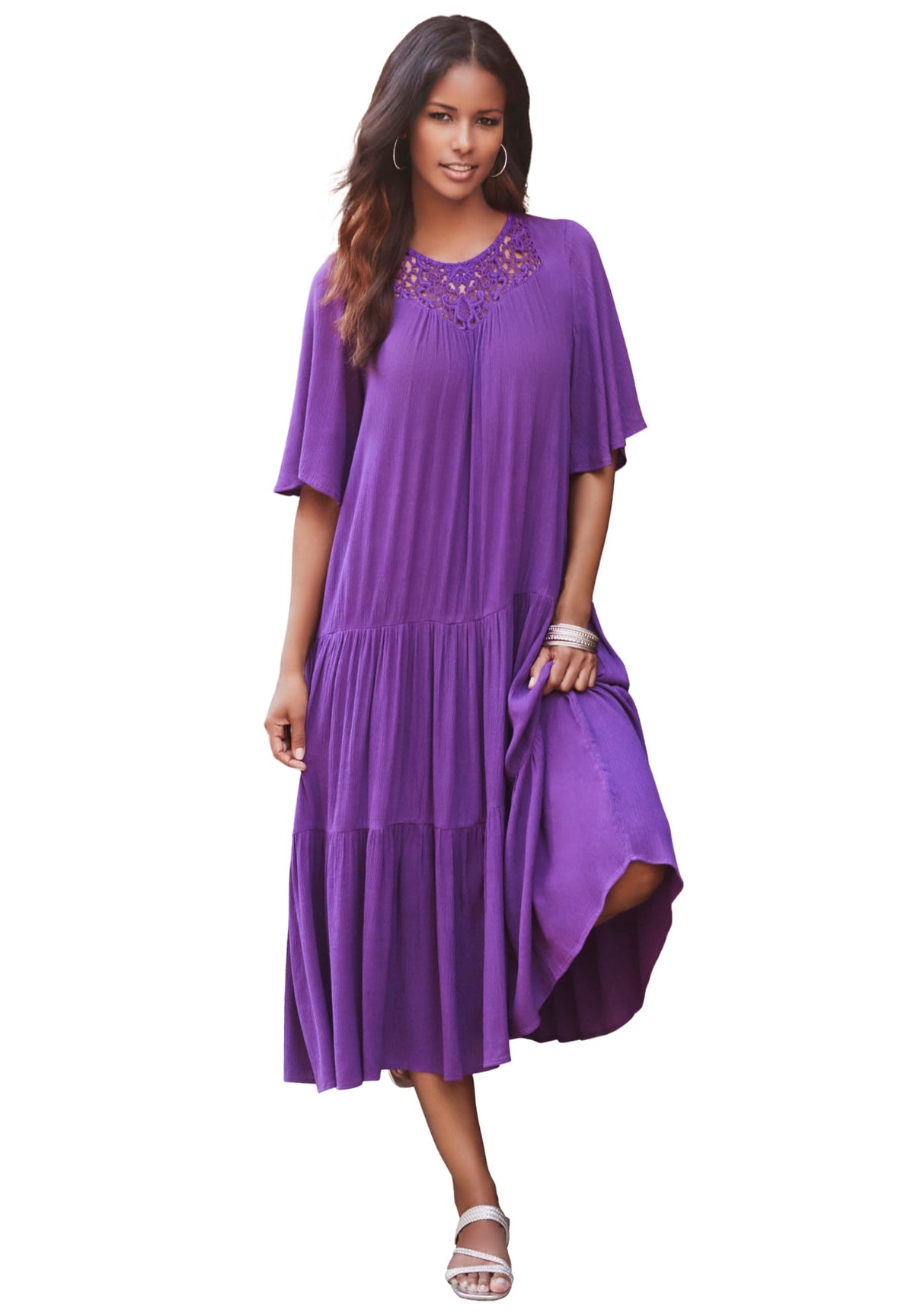 thumbnail image 1 of Roaman's Women's Plus Size Hand-Crinkled Crochet Neck Dress, 1 of 4