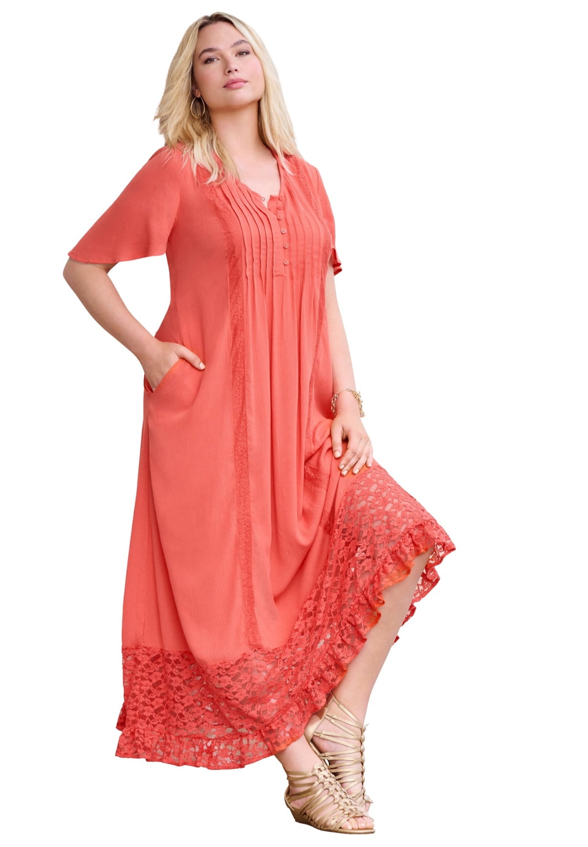 thumbnail image 1 of Roaman's Women's Plus Size Hand-Crinkled Lace-Panelled Boho Dress, 1 of 5