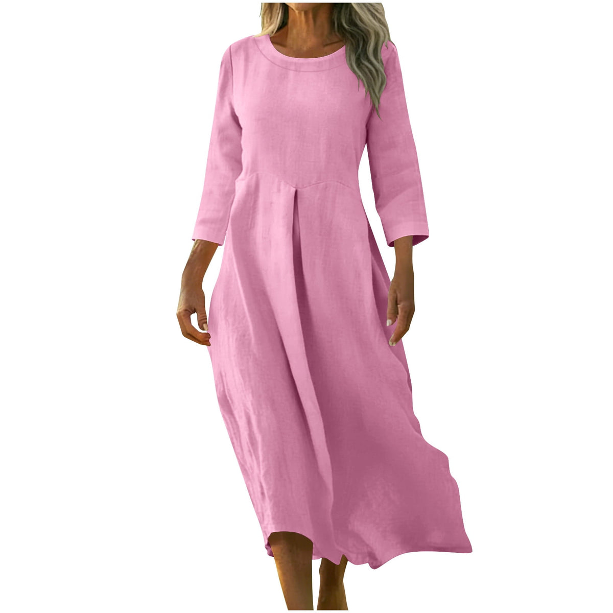 thumbnail image 1 of SZJXBUY Womens Summer Dresses Cotton Linen Crewneck 3/4 Sleeves Long Dress Casual Henley Spring Midi Dresses with Pockets Pink,XXL, 1 of 9