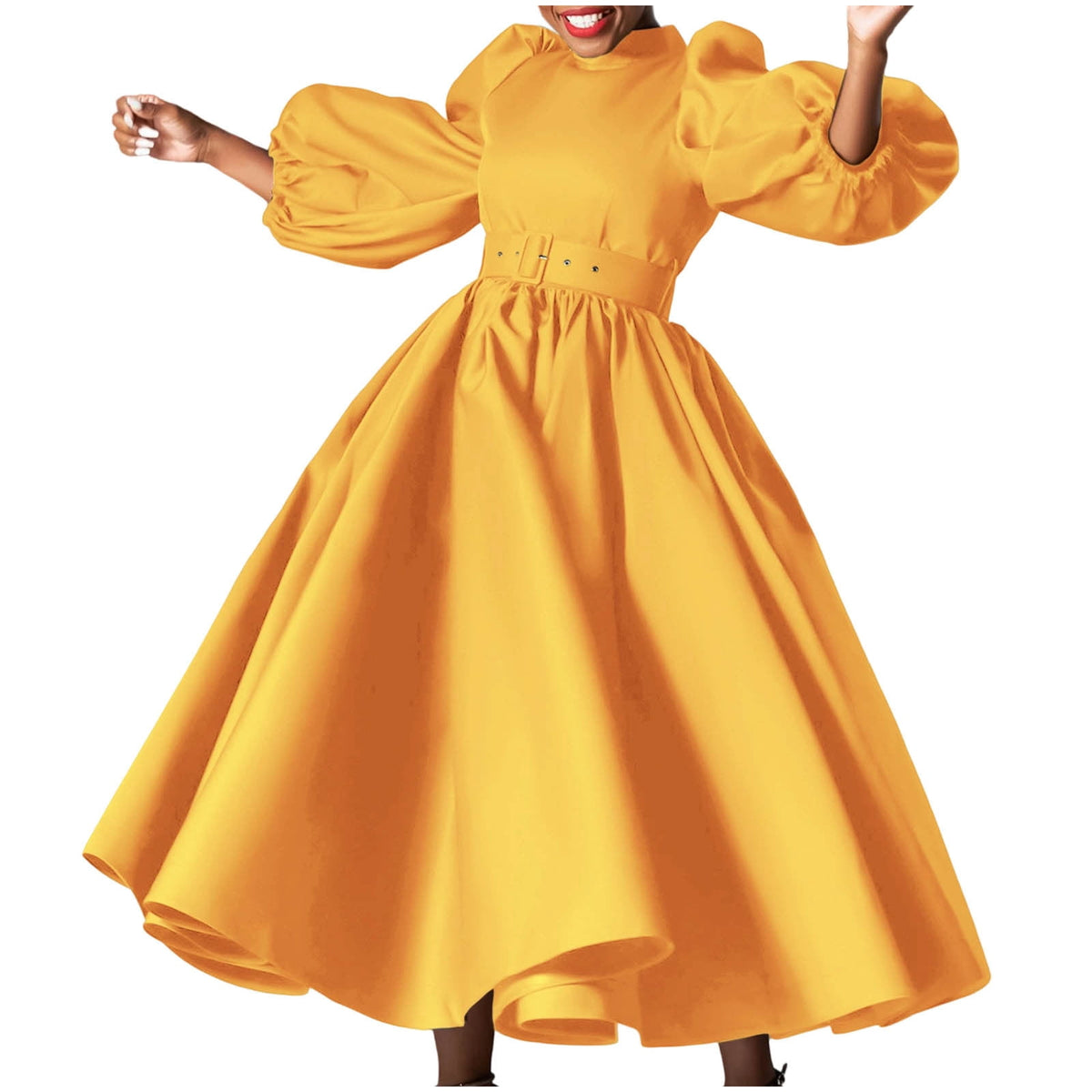 thumbnail image 1 of Sexlip Women's Bubble Long Sleeve Maxi Dress Church Cocktail African Formal Swing Dresses Plus Size Wedding Guest Dress Yellow XXXL, 1 of 3