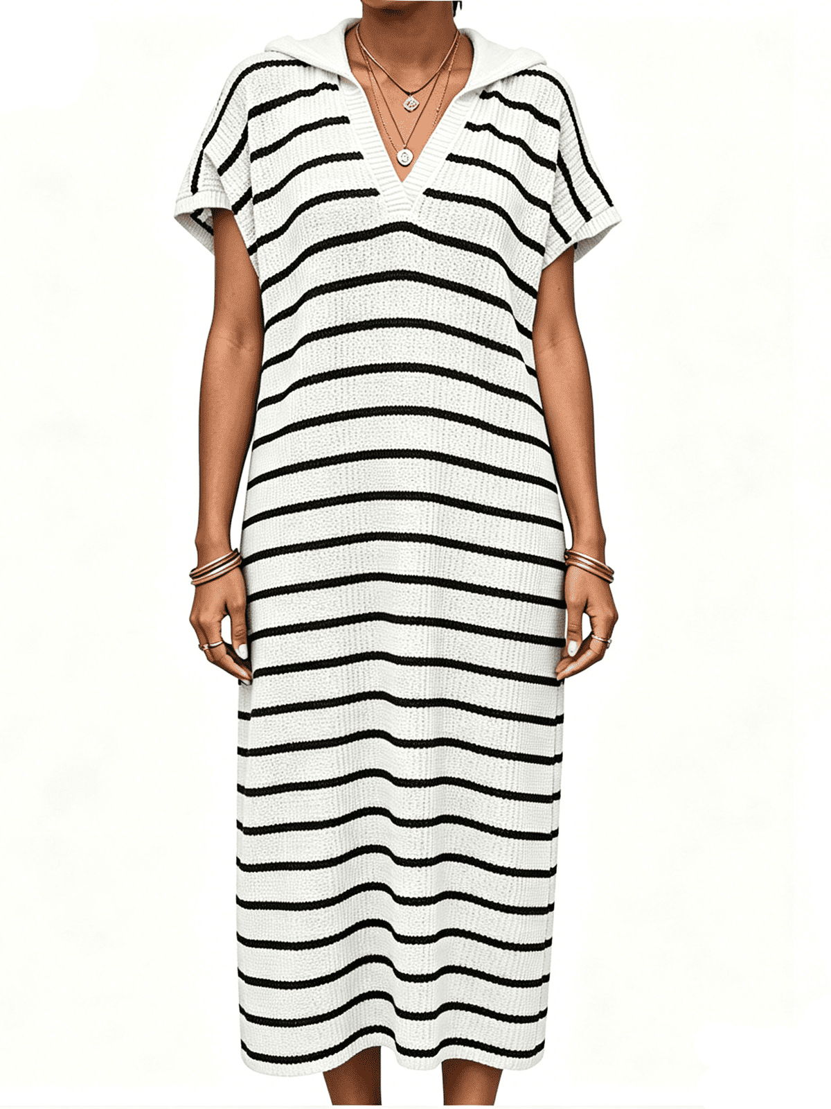 thumbnail image 1 of Short Sleeved Women V-neck Casual Loose Knit Dress Lapel Striped Print Straight Knee Sweater Dress, 1 of 5