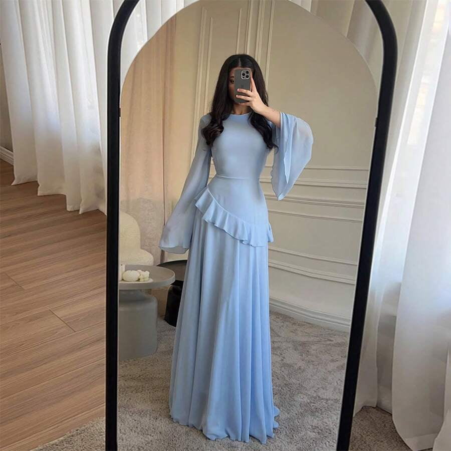 thumbnail image 1 of Sky Blue Peplum Ruffle Long Sleeve Maxi Dress For Women, 1 of 28