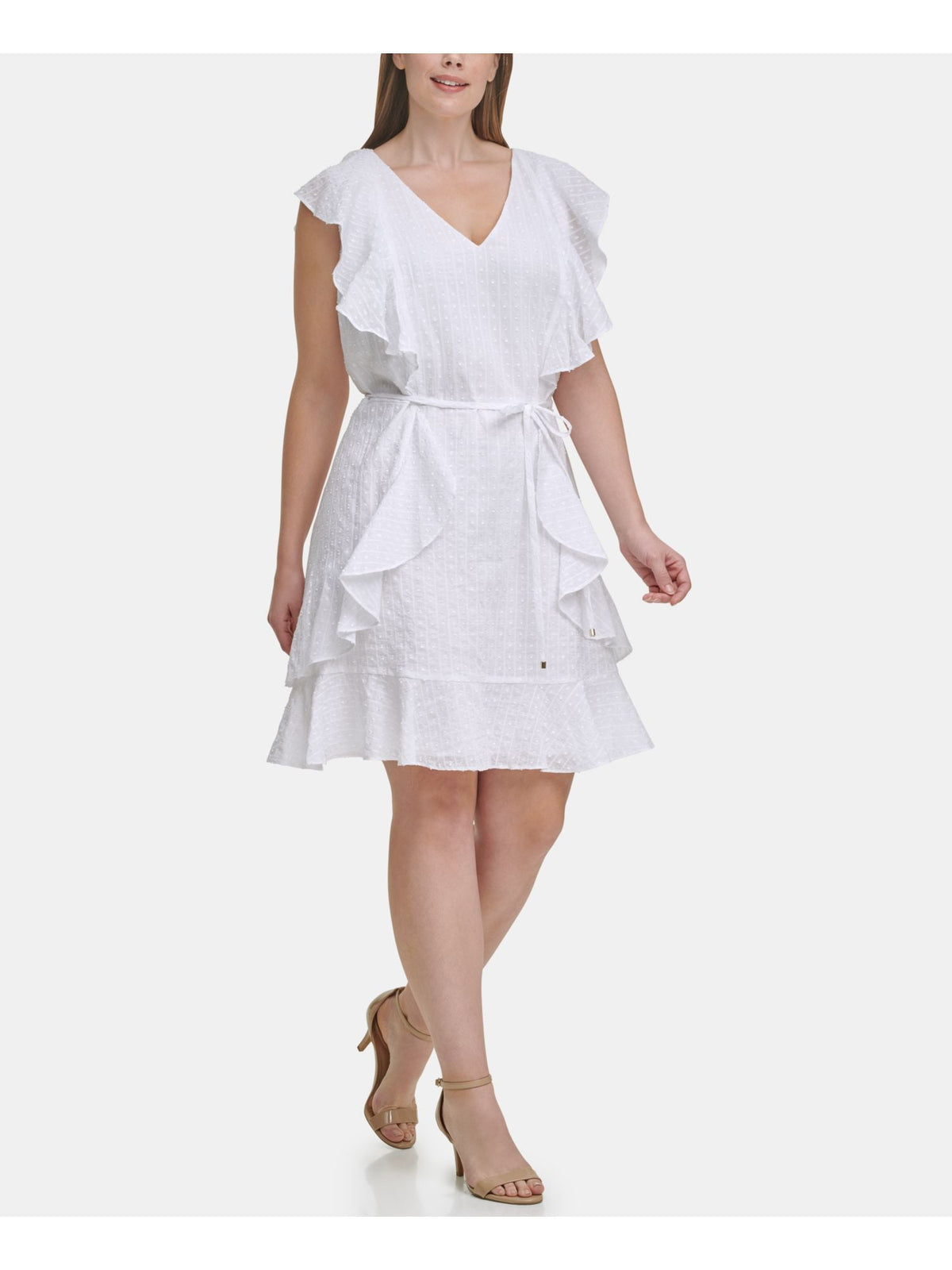 thumbnail image 1 of TOMMY HILFIGER Womens White Zippered Ruffled Self-tie Waist Cap Sleeve V Neck Above The Knee Party Fit + Flare Dress Plus 22W, 1 of 4